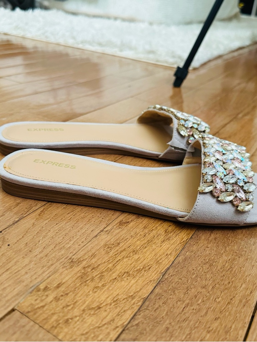 Express Beige Jeweled Slide Mules
